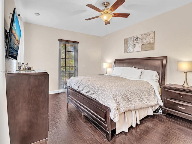 bedroom with ceiling fan, access to outside, and dark hardwood / wood-style flooring