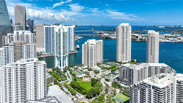 aerial view featuring a water view and a view of city