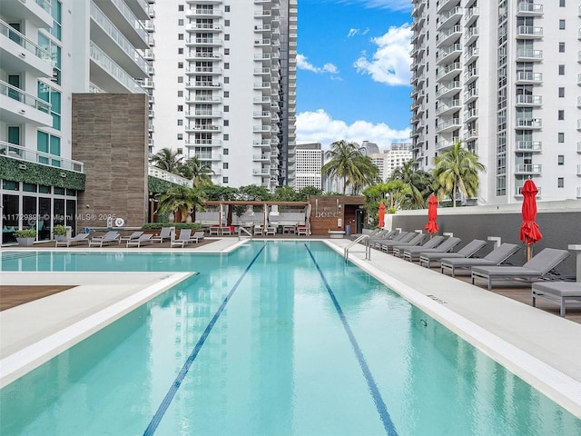 view of swimming pool featuring a patio