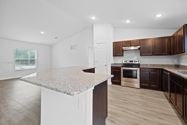 kitchen with light stone countertops, a center island, light hardwood / wood-style floors, electric stove, and vaulted ceiling