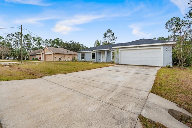 ranch-style home with a front yard and a garage