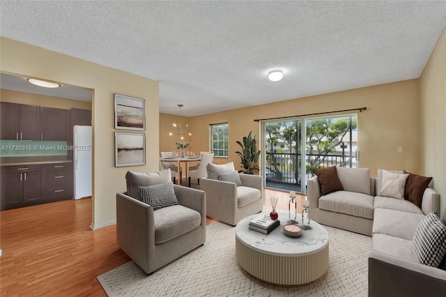 living room featuring light hardwood / wood-style floors and a textured ceiling