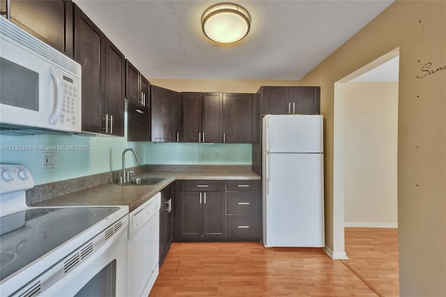 kitchen featuring light hardwood / wood-style floors, sink, white appliances, and dark brown cabinets