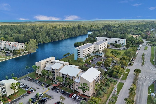 drone / aerial view with a water view