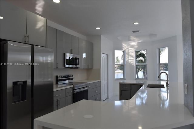 kitchen featuring sink, an island with sink, gray cabinetry, and stainless steel appliances