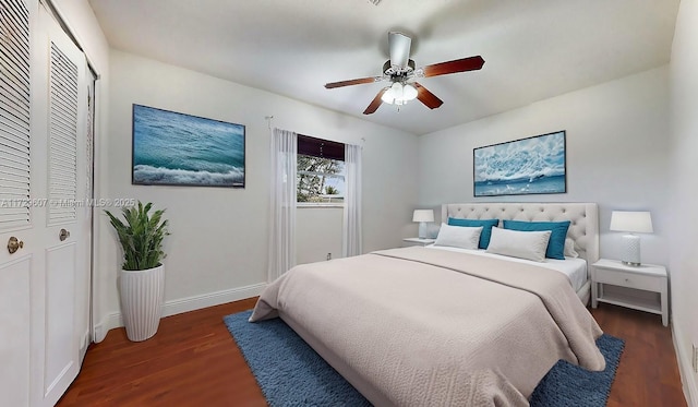 bedroom featuring ceiling fan, dark hardwood / wood-style floors, and a closet