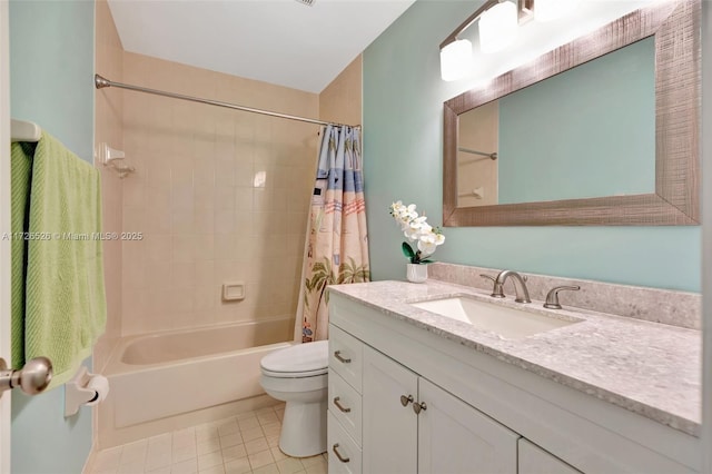 full bathroom featuring toilet, tile patterned floors, shower / bathtub combination with curtain, and vanity