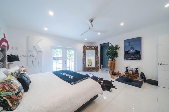 bedroom featuring light tile patterned floors, access to exterior, ceiling fan, and french doors