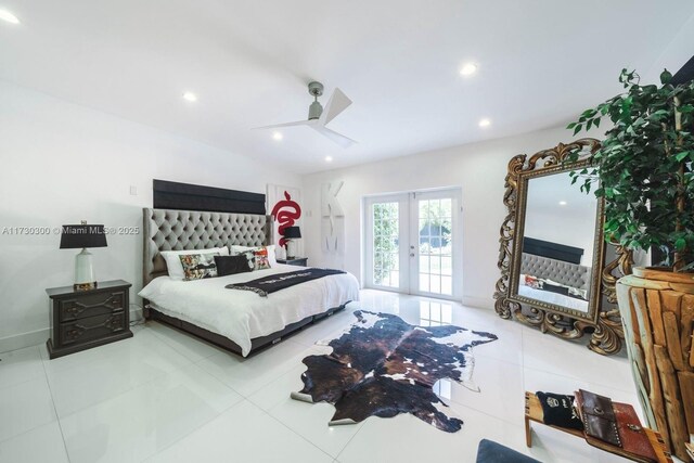 bedroom with light tile patterned floors, access to exterior, ceiling fan, and french doors