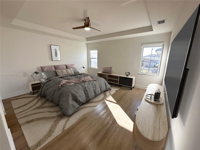 bedroom featuring ceiling fan, multiple windows, and a tray ceiling