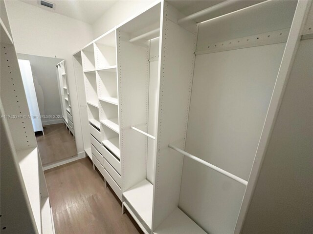 walk in closet with wood-type flooring