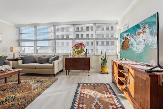 living area featuring crown molding and light wood-type flooring