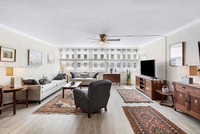 bedroom with ornamental molding, access to exterior, ceiling fan, and light hardwood / wood-style floors