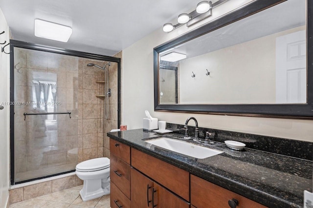 bathroom with tile patterned floors, vanity, toilet, and a shower with door