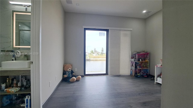 interior space with sink and dark hardwood / wood-style floors