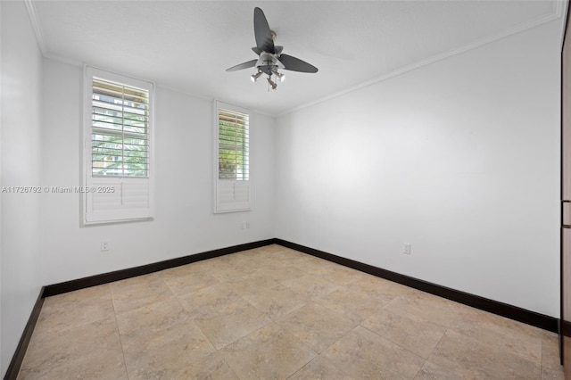 unfurnished room with ceiling fan and ornamental molding