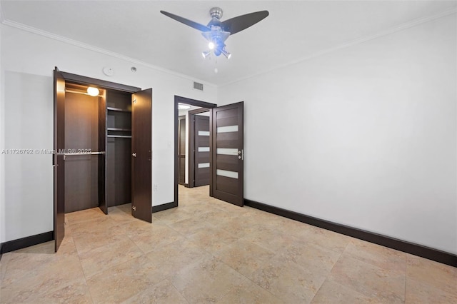 unfurnished bedroom with a closet, ceiling fan, and ornamental molding