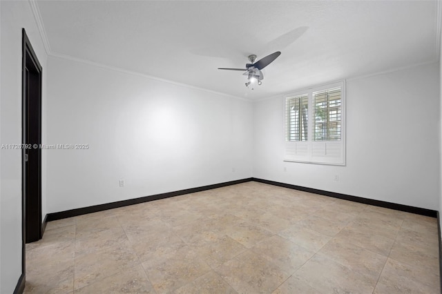 unfurnished room featuring ceiling fan and crown molding