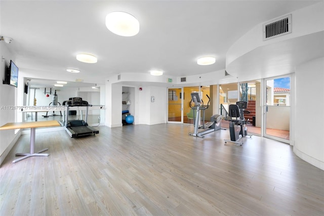 workout area with light hardwood / wood-style flooring