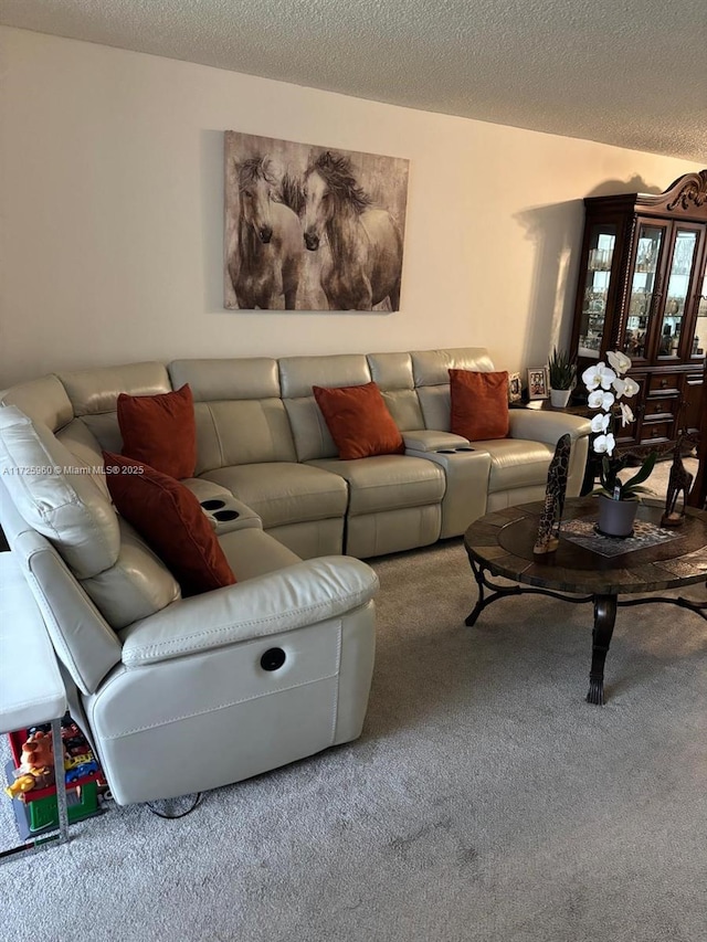 carpeted living room featuring a textured ceiling