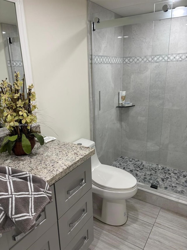 bathroom featuring vanity, toilet, and an enclosed shower