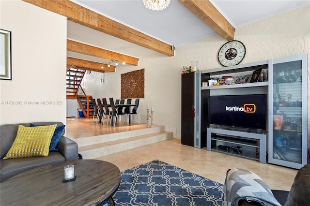 tiled living room with beam ceiling