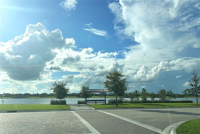 view of road with a water view