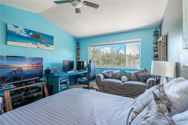 bedroom with ceiling fan, a textured ceiling, and lofted ceiling