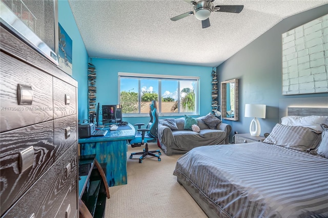 bedroom featuring ceiling fan, light colored carpet, a textured ceiling, and lofted ceiling