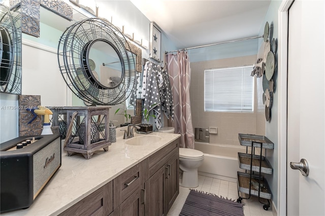 full bathroom with toilet, shower / bathtub combination with curtain, and vanity