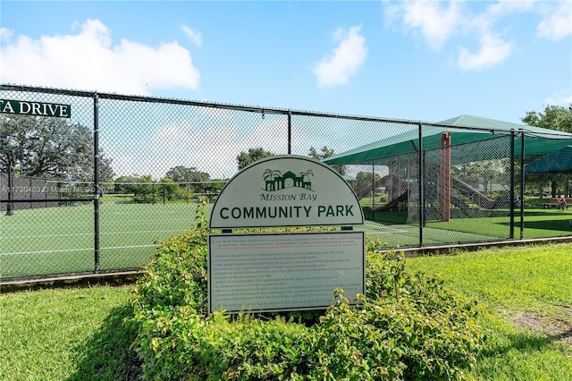 community / neighborhood sign with a lawn