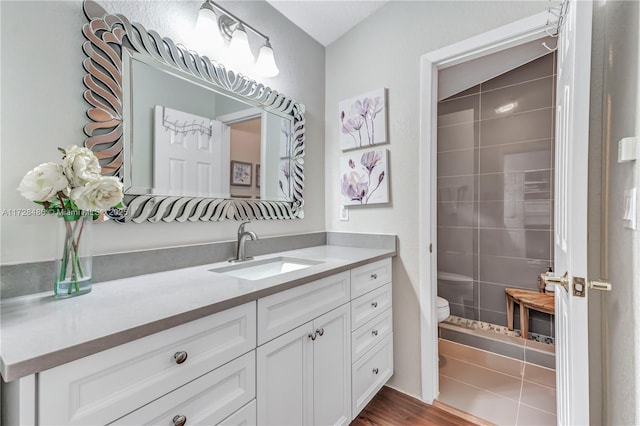 bathroom featuring vanity, toilet, and hardwood / wood-style floors