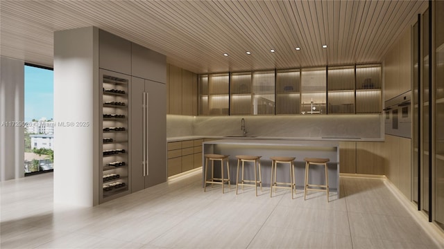 bar with sink, wooden ceiling, and a wall of windows