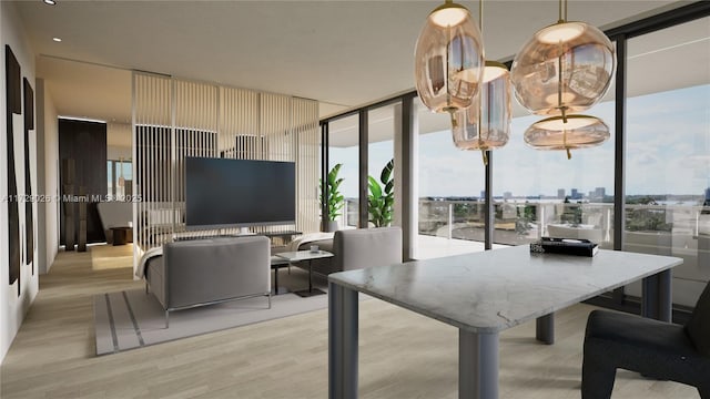 dining area with floor to ceiling windows and light hardwood / wood-style flooring