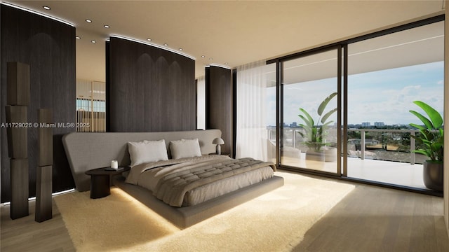 bedroom with floor to ceiling windows, light hardwood / wood-style flooring, and access to outside