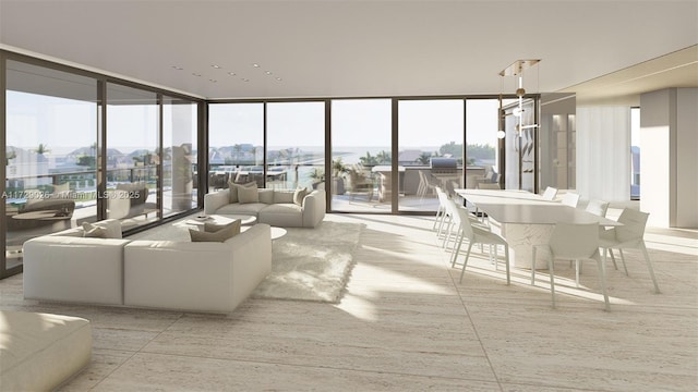 living room with floor to ceiling windows