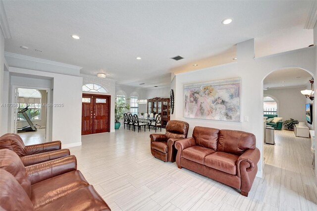 living room featuring ornamental molding