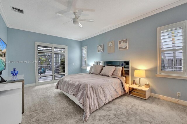 bedroom with light carpet, access to outside, ornamental molding, and ceiling fan