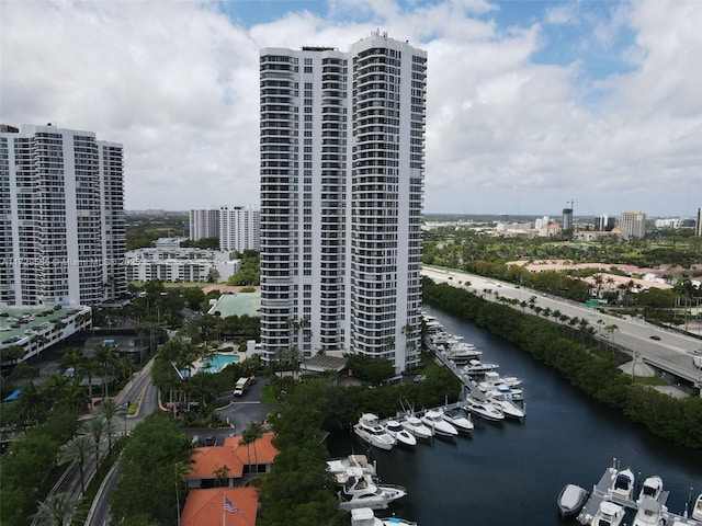 view of building exterior featuring a water view