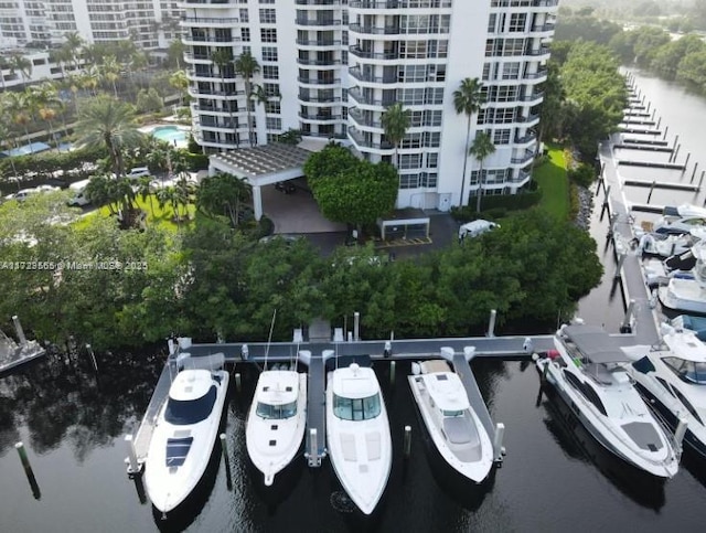 bird's eye view with a water view