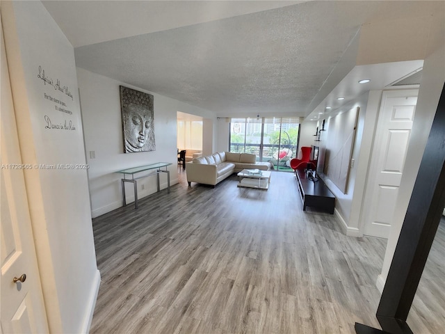 living room with light hardwood / wood-style floors, a textured ceiling, and floor to ceiling windows