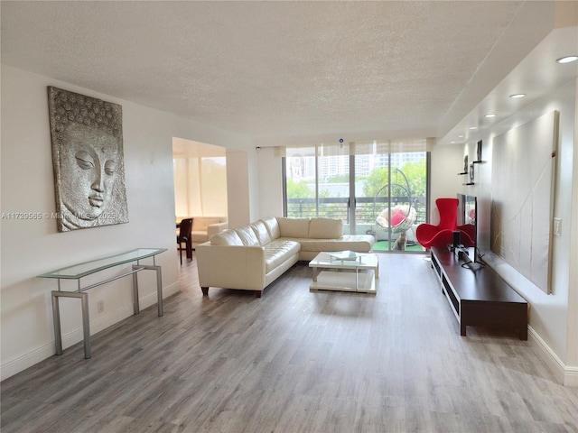 living room featuring a textured ceiling, floor to ceiling windows, and wood-type flooring