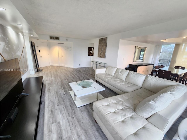 living room featuring a textured ceiling and light wood-type flooring