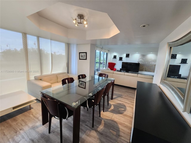 dining area featuring wood-type flooring and a tray ceiling