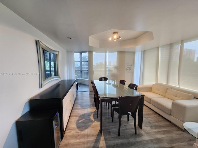 dining space featuring hardwood / wood-style flooring and a tray ceiling