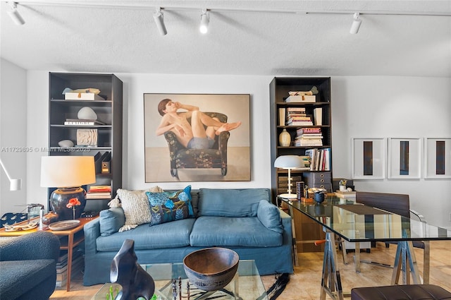 living room with rail lighting and a textured ceiling