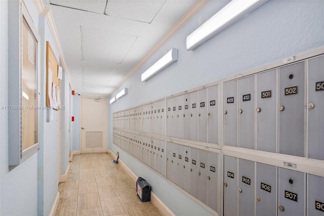 hallway with a mail area and ornamental molding