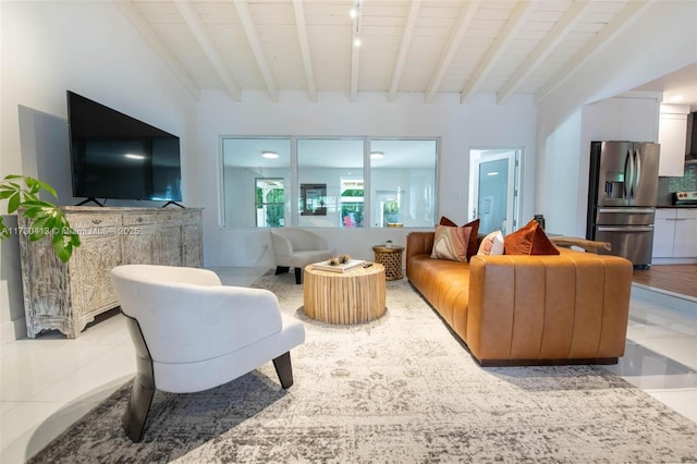 tiled living room with lofted ceiling with beams and wood ceiling