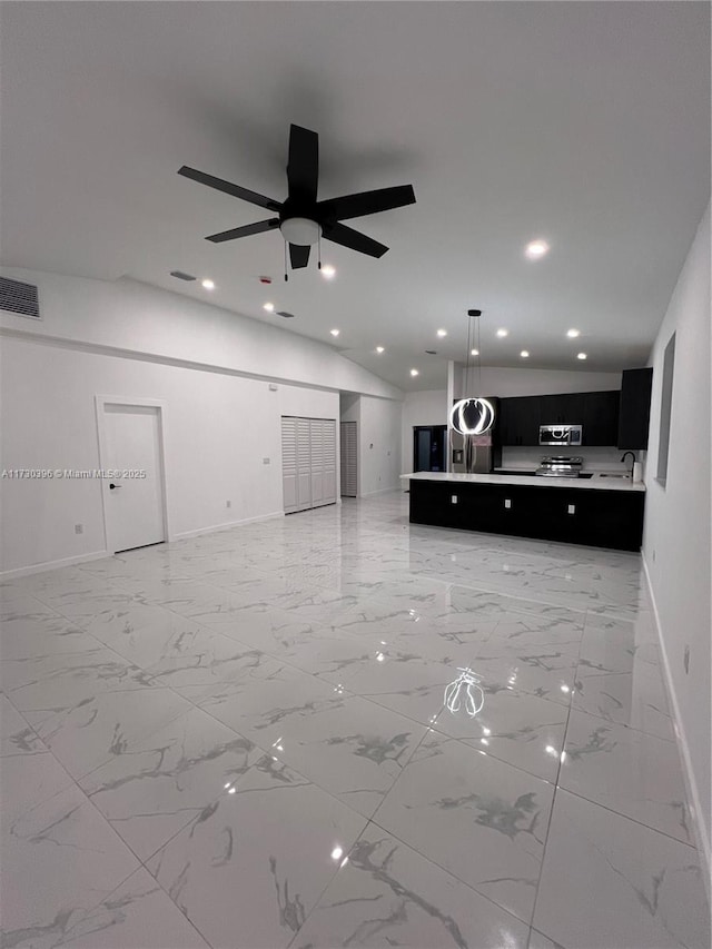 unfurnished living room featuring ceiling fan, recessed lighting, visible vents, baseboards, and marble finish floor