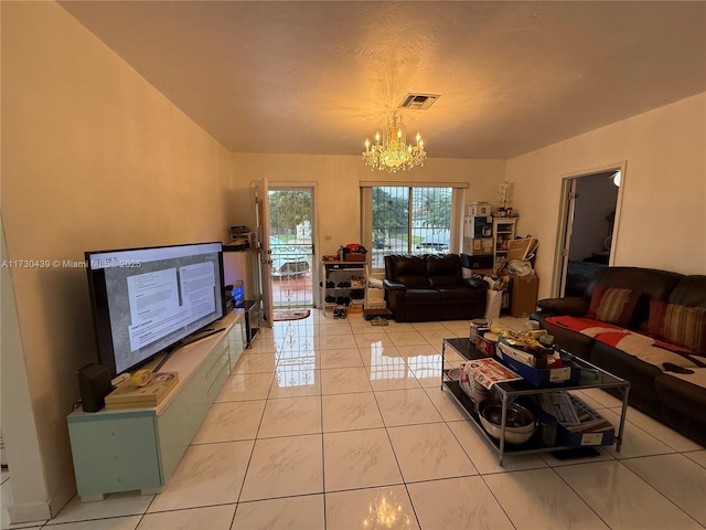 living room featuring an inviting chandelier